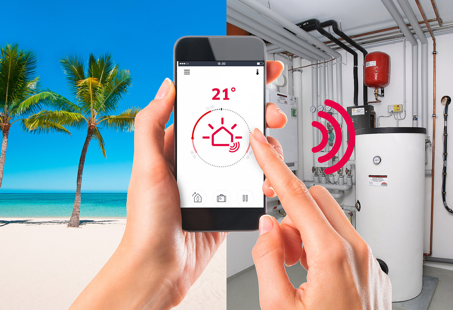 Die App eines EnMS wird von zwei Händen bedient, dahinter sieht man links einen Strand mit Palmen, rechts eine Heizung, die über den Energiemanager angesteuert wird